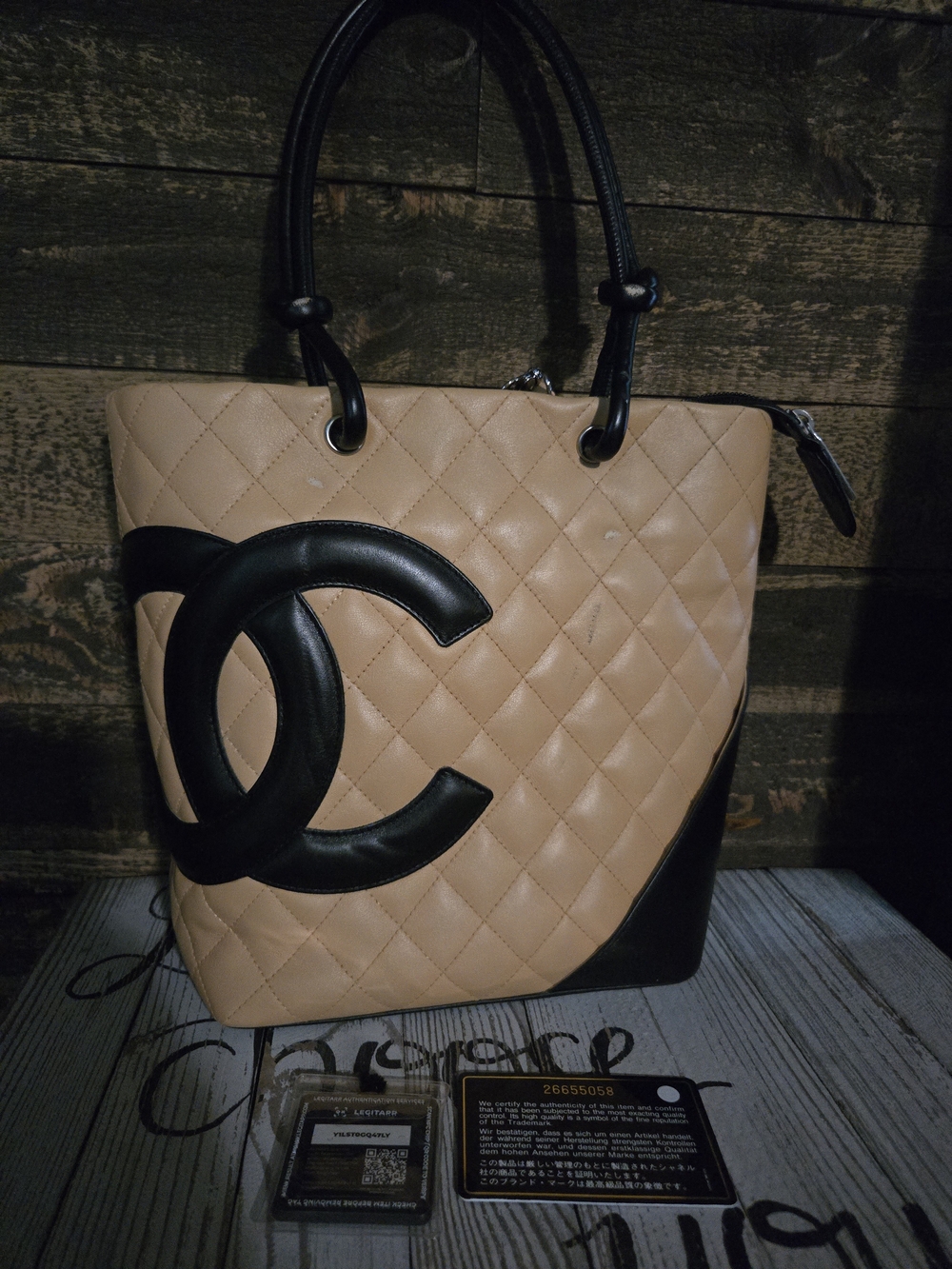 Chanel Beige & Black Quilted Tote Bag